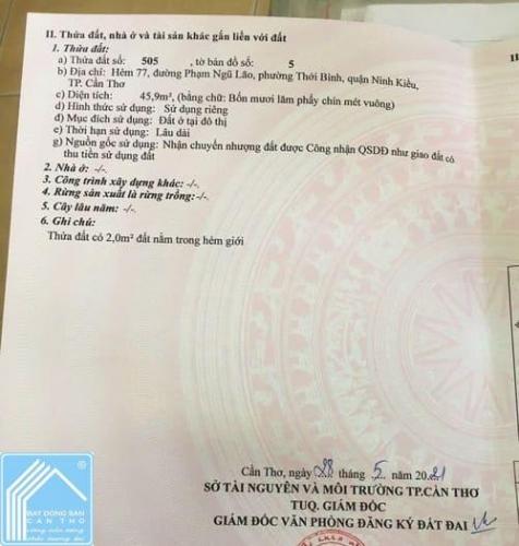 Bán đất nền hẻm 77 Phạm Ngũ Lão, Phường Thới Bình, Quận Ninh Kiều, Cần Thơ – DT 4,08 x 11,3 (45,9m²