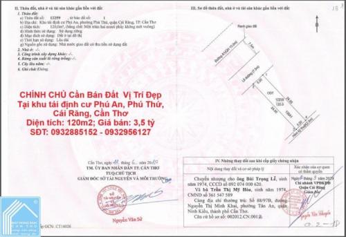 CHÍNH CHỦ Cần Bán Đất  Vị Trí Đẹp Tại khu tái định cư Phú An, Phú Thứ, Cái Răng, Cần Thơ