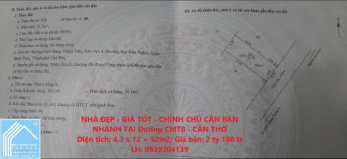 NHÀ ĐẸP - GIÁ TỐT - CHÍNH CHỦ CẦN BÁN NHANH TẠI Đường CMT8 - CẦN THƠ